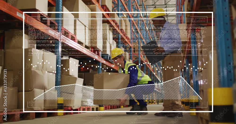 Poster handling boxes in warehouse, workers with data processing animation overlay