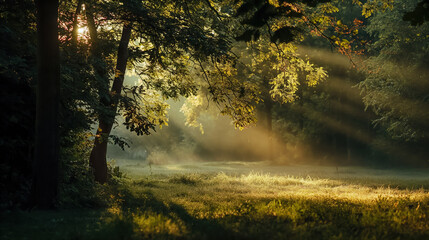 Obraz premium Light filtering through the trees in a rendering of a woods setting. Promoting wellness, comfort and relaxation.