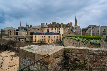 Architecture of ancient city Saint-Malo, a walled port city in Brittany (prefecture...