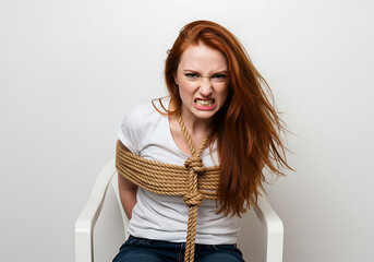 Furious Woman Tied Up With Rope