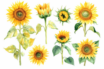 Sunflower Collection: A vibrant watercolor illustration of sunflowers showcasing the flower's various stages, from bud to full bloom, highlighting its bright yellow petals and verdant leaves.