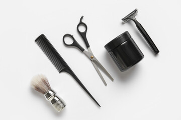 Set of male shaving accessories on white background