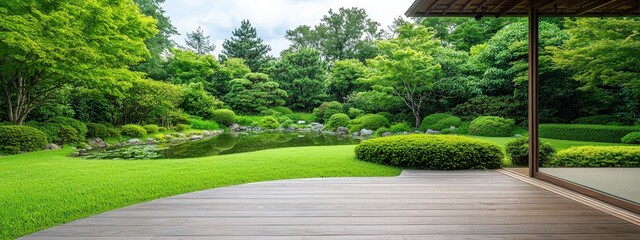 Obraz premium Serene Garden with Lush Greenery and Tranquil Water Reflection