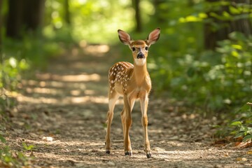Adorable White-Tailed Deer Fawn with Doe on Wooded Trail, North Wisconsin / deer in the woods
