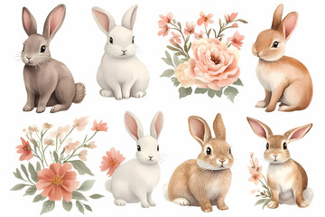 Fototapeta premium Easter Bunny's Springtime: A collection of charming watercolor illustrations featuring adorable bunnies and delicate floral arrangements, celebrating the joy and renewal of springtime. 
