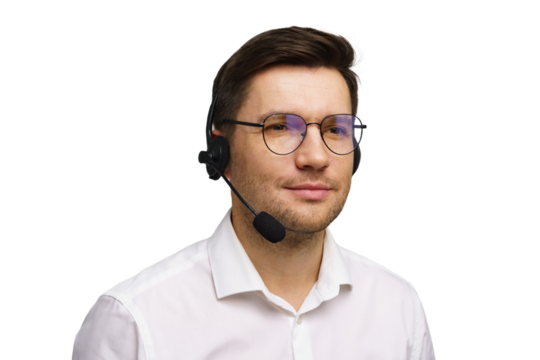Professional man wearing a headset in a bright environment demonstrating customer service skills