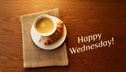 A cozy breakfast scene with coffee, a croissant, and "Happy Wednesday!" text on a wooden table. Perfect for social media, morning motivation, weekday greetings, and lifestyle content.