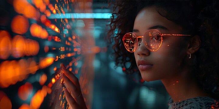 Futuristic woman wearing reflective glasses interacting with a digital interface illuminated by glowing orange data