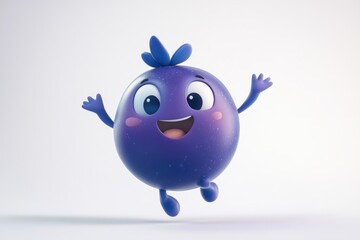 Fototapeta premium A cheerful cartoon blueberry character joyfully leaps and waves.