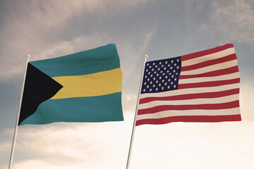 Relations between the countries of the United States of America USA and Bahamas represented by the concept of two flags waving against a cloudy sky.3d render.