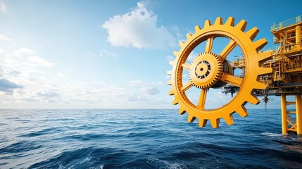 Large Yellow Gear Over Ocean with Dramatic Sky Background