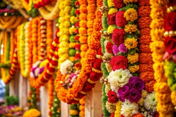 Fototapeta premium Vibrant South Indian Wedding Flower Decorations: Jasmine, Marigold, & Rose Garland Arrangements