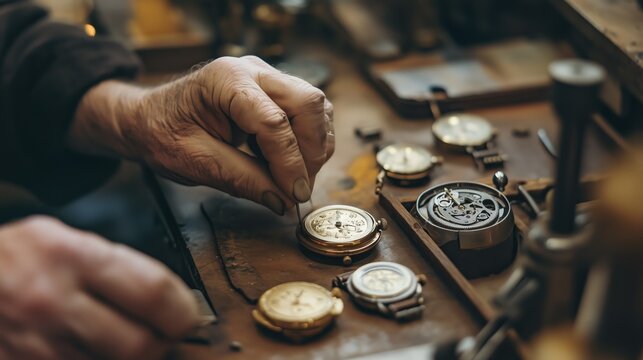 A skilled artisan meticulously repairs vintage watches, focusing on fine details and precision in a traditional workshop setting.