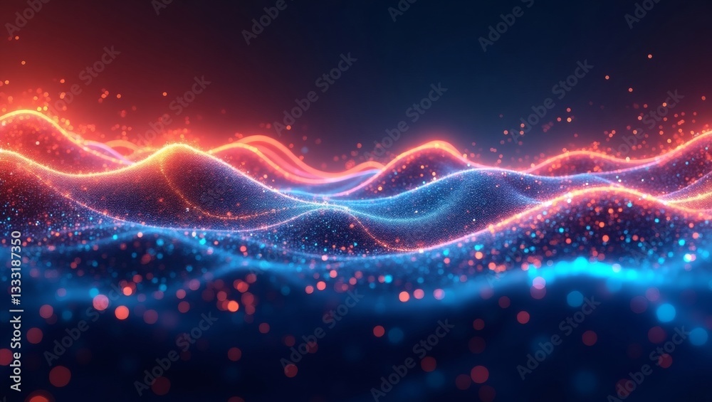Poster glowing digital waves of red and blue light create a vibrant background with glittering particles, and the dynamic and energetic style is perfect for representing innovation and technology