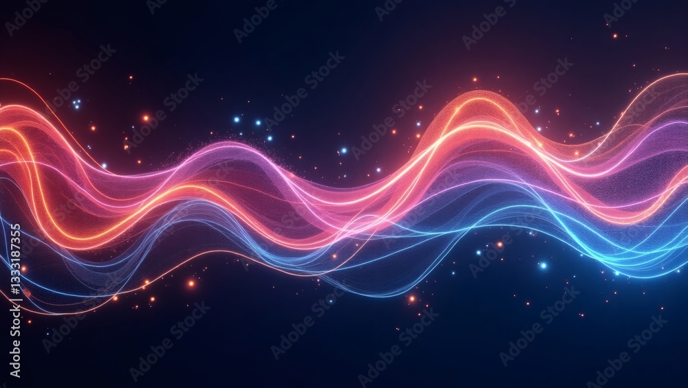 Poster glowing wavy lines of vibrant colors and particles on a dark backdrop, creating an abstract and dynamic design
