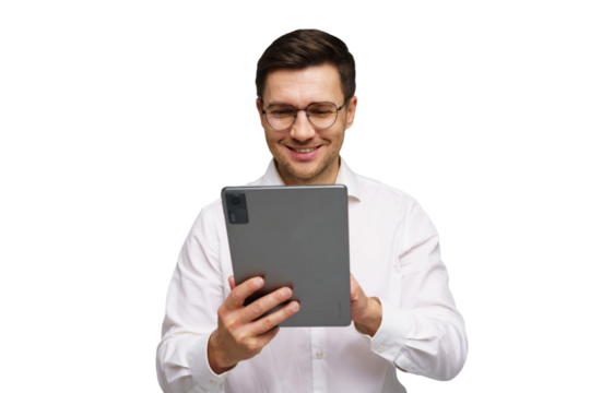 Person smiling while using a tablet in a bright and minimalist environment during the day