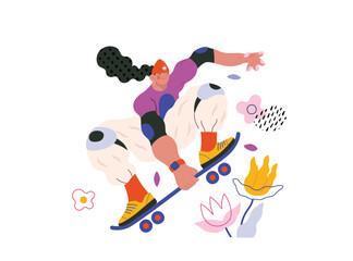 Life Unframed: Skateboarder -modern flat vector concept illustration of skater jumping above flowers. Metaphor of unpredictability, imagination, whimsy, cycle of existence, play, growth and discovery