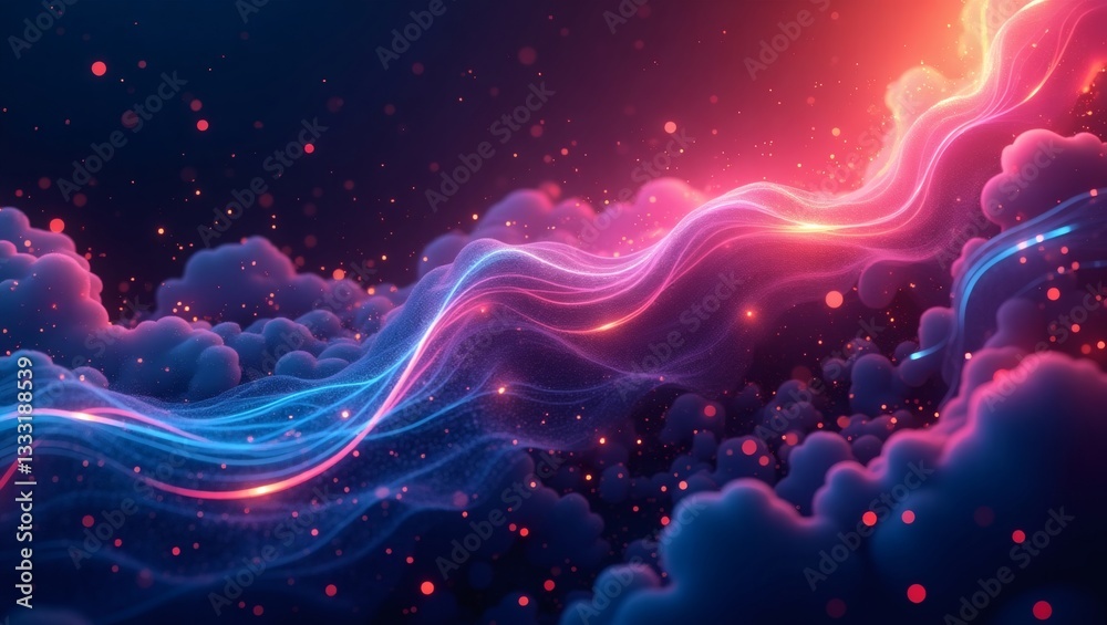 Poster a mesmerizing cosmic illustration featuring flowing streams of vibrant colors and fluffy clouds