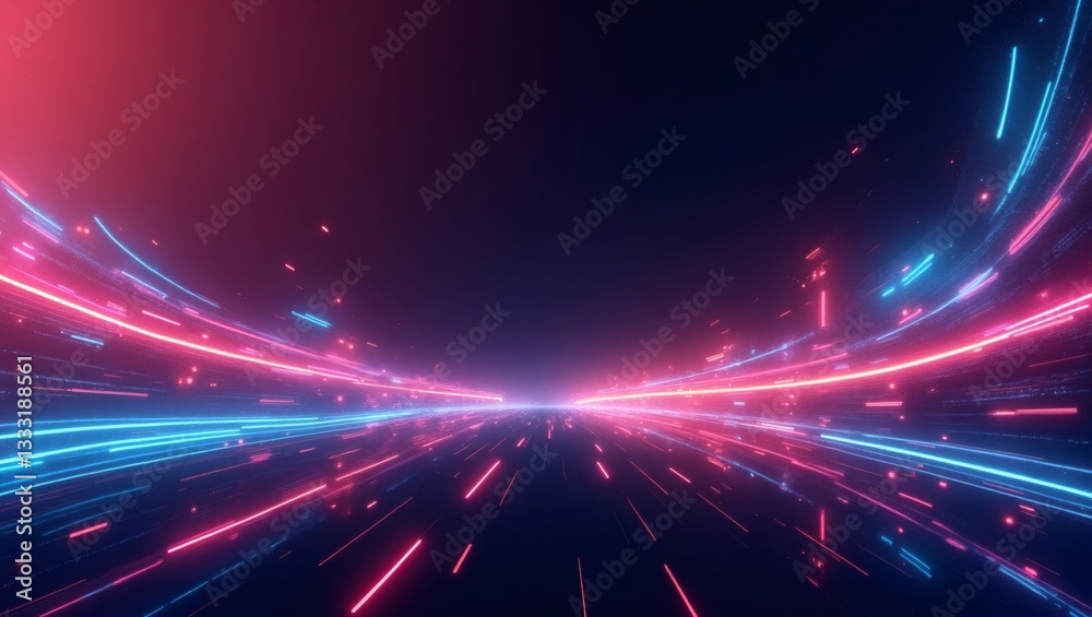 Poster glowing neon light trails with vibrant blue and pink hues create a sense of speed and movement