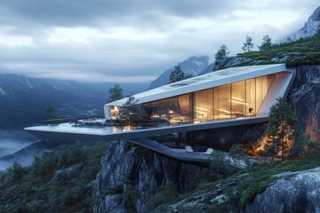 A futuristic house with an angular glass facade, nestled in the mountains