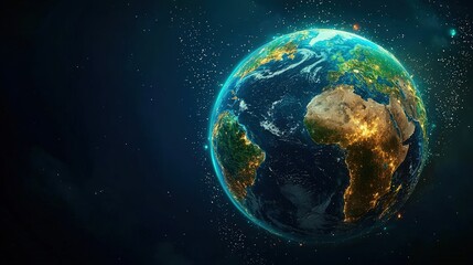 Vibrant Earth Globe with Bright City Lights and Cosmic Background