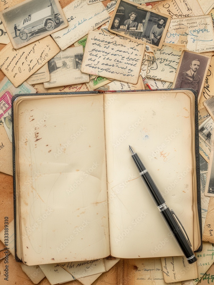 Aufkleber vintage desk setup with an open notebook and a pen surrounded by charming postcards and letters gene