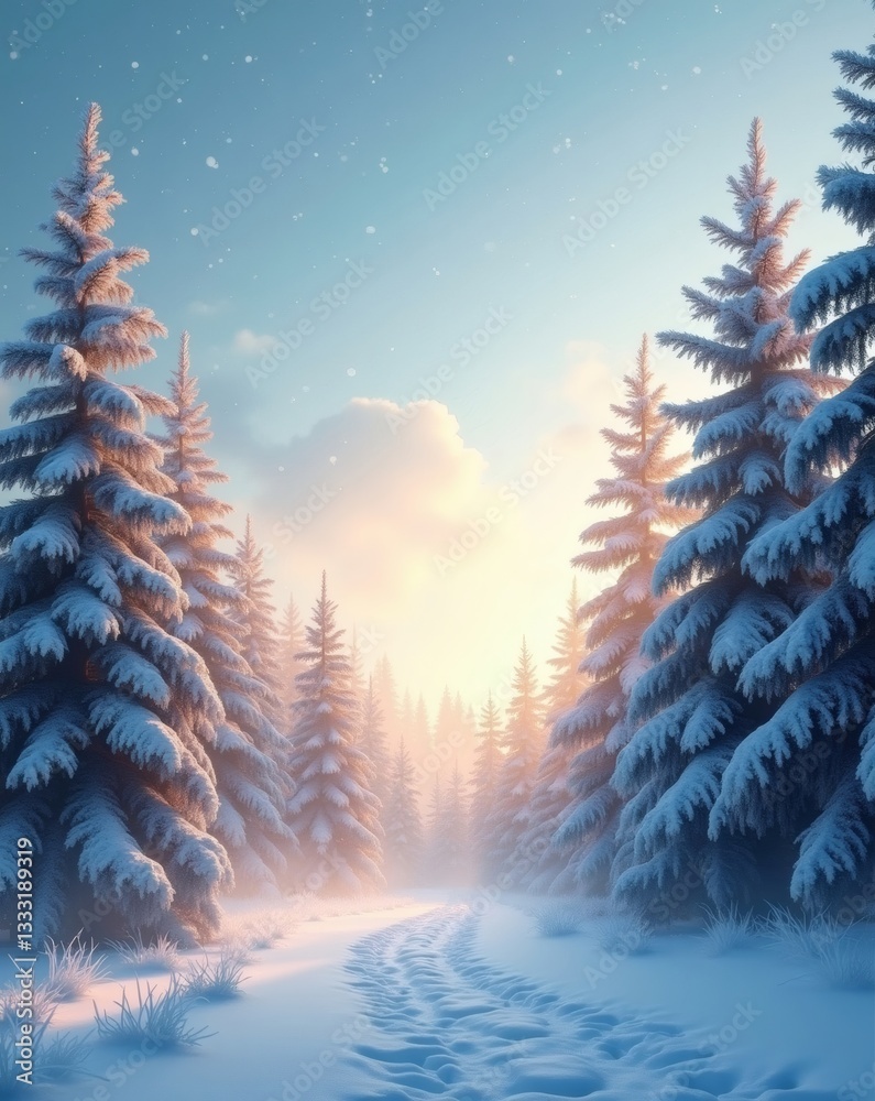 Poster a snowy trail through a winter forest, trees are covered in snow, casting long shadows and creating 