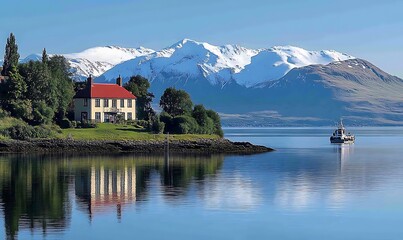 Fototapeta premium Snow Capped Mountains and Calm Water Reflection
