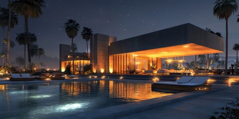 Obraz premium A luxurious contemporary mansion with a sprawling outdoor space, featuring an infinity pool, sun loungers, and an open-air dining area