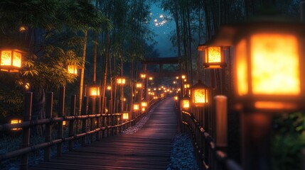 Luminous Lanterns Illuminate A Pathway Through A Bamboo Forest At Night