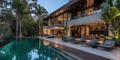 Fototapeta premium A luxurious contemporary mansion with a sprawling outdoor space, featuring an infinity pool, sun loungers, and an open-air dining area