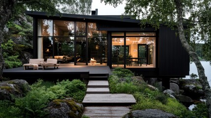 Fototapeta premium A minimalist Scandinavian-style house with a black timber facade, large panoramic windows, and a cozy outdoor seating area