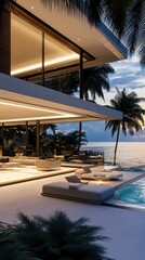Fototapeta premium A stunning modern villa with floor-to-ceiling glass walls, seamlessly blending indoor and outdoor spaces