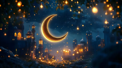 A dreamlike Ramadan night scene with soft lights and a floating crescent moon.