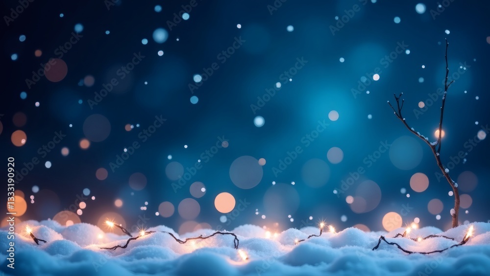 Poster a dreamy night scene with glowing lights in the snow, creating a festive and magical atmosphere. the