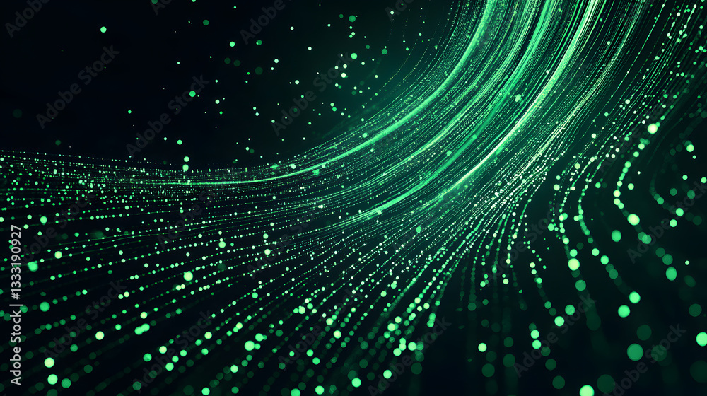 Poster abstract green data stream with sparkling particles and flowing lines