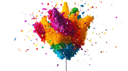 Colorful pinata explosion with vibrant confetti, white isolate background.