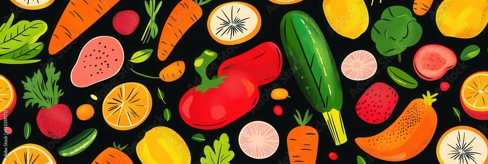 Aufkleber Bright and colorful seamless pattern featuring fresh vegetables and fruits in modern flat style for design and illustration projects