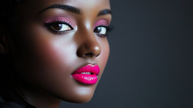A model with vibrant pink lips, half-lit face, exuding bold elegance and mystery.