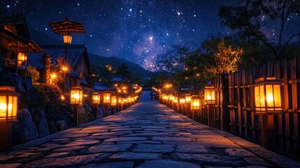 A cobblestone path lit by lanterns under a starry night sky