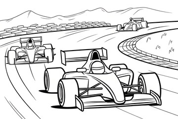 Formula Race Cars Taking a Sharp Turn – Competitive Racing Scene – Ideal for Motorsport Art and Coloring Pages