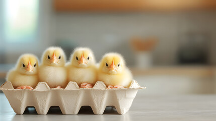 Adorable Baby Chicks in Egg Carton on Kitchen Table Setting