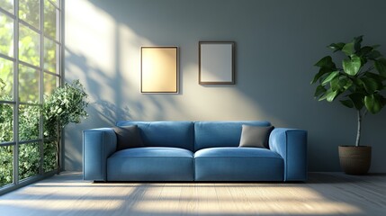 Modern living room with a blue sofa, embodying simplicity and contemporary design.