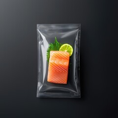 Fresh Salmon Fillet Wrapped in Clear Plastic with Lime Slice