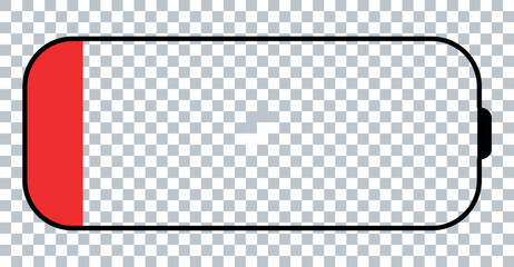 Low Battery Icon with Red Charge Indicator – Power and Energy Symbol Vector on Transparent Background