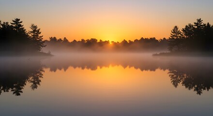 Obraz premium Amanecer brumoso sobre un lago tranquilo
