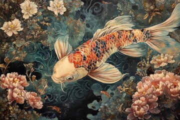 Koi fish swims in serene pond, surrounded by peonies.