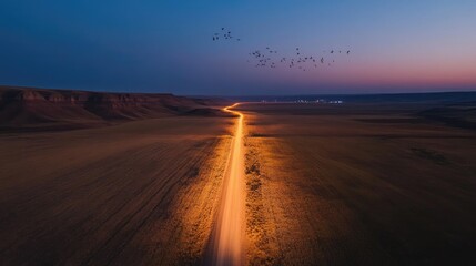 Fototapeta premium A long illuminated road stretches through a vast landscape at dusk