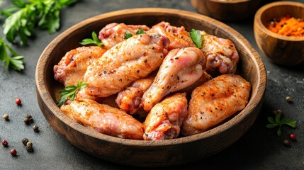 Seasoned chicken wings ready to cook.  Fresh and flavorful wings in a wooden bowl, garnished with herbs