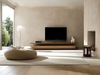 A modern minimalist living room featuring a television and seating